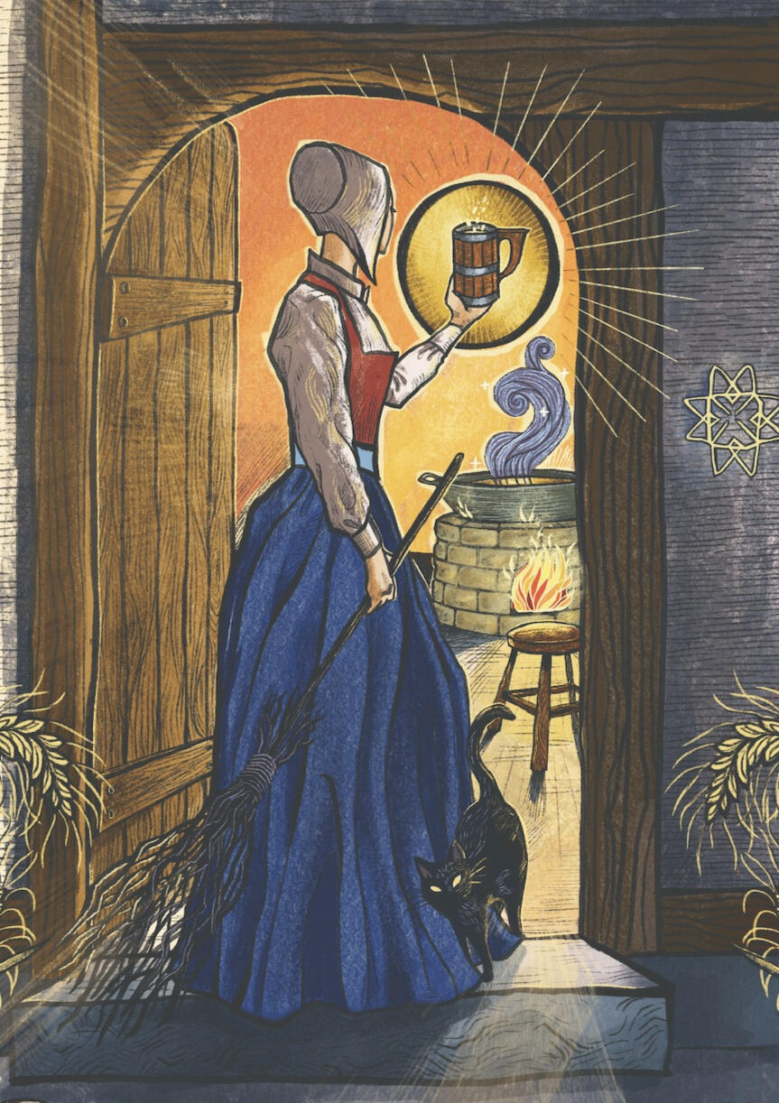 Hand Illustrated image of a woman in traditional early-modern dress, holding a tankard and looking away from the viewer. At her feet is a black cat and she has a broom in her other hand.