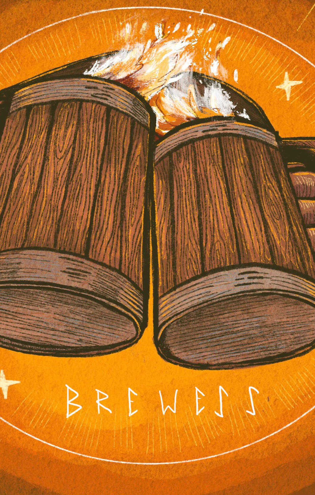 Hand illustrated image of two tankards cheers-ing with ale splashing out the top.