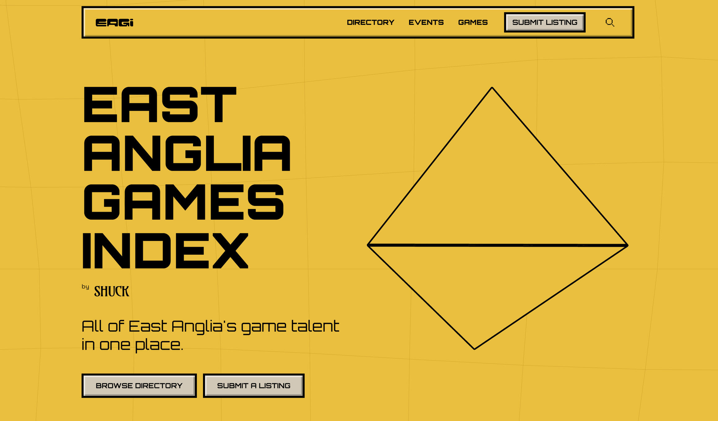 East Anglia Games Index A screenshot of the East Anglia Games Index website. Featuring a egg-yolk yellow background and retro-style UI, similar to Windows 95.